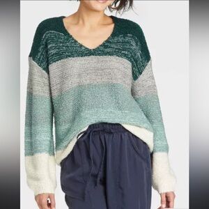 Knox Rose Green Striped V-Neck Sweater with Cozy Knit, XL